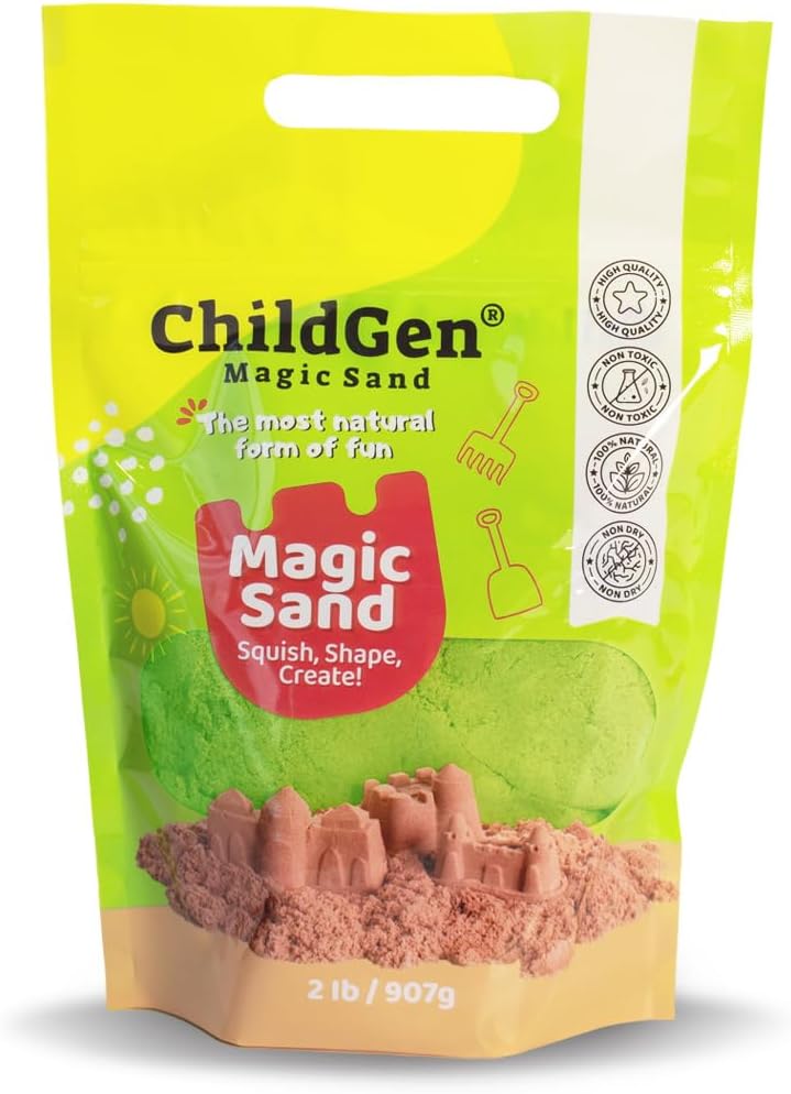 ChildGen Magic Sand, 2lbs Natural Sea Sand in Resealable Bag, Non-Toxic Play Sand for Kids, Soft, Moldable, Mess-Free Sensory Play (Green)