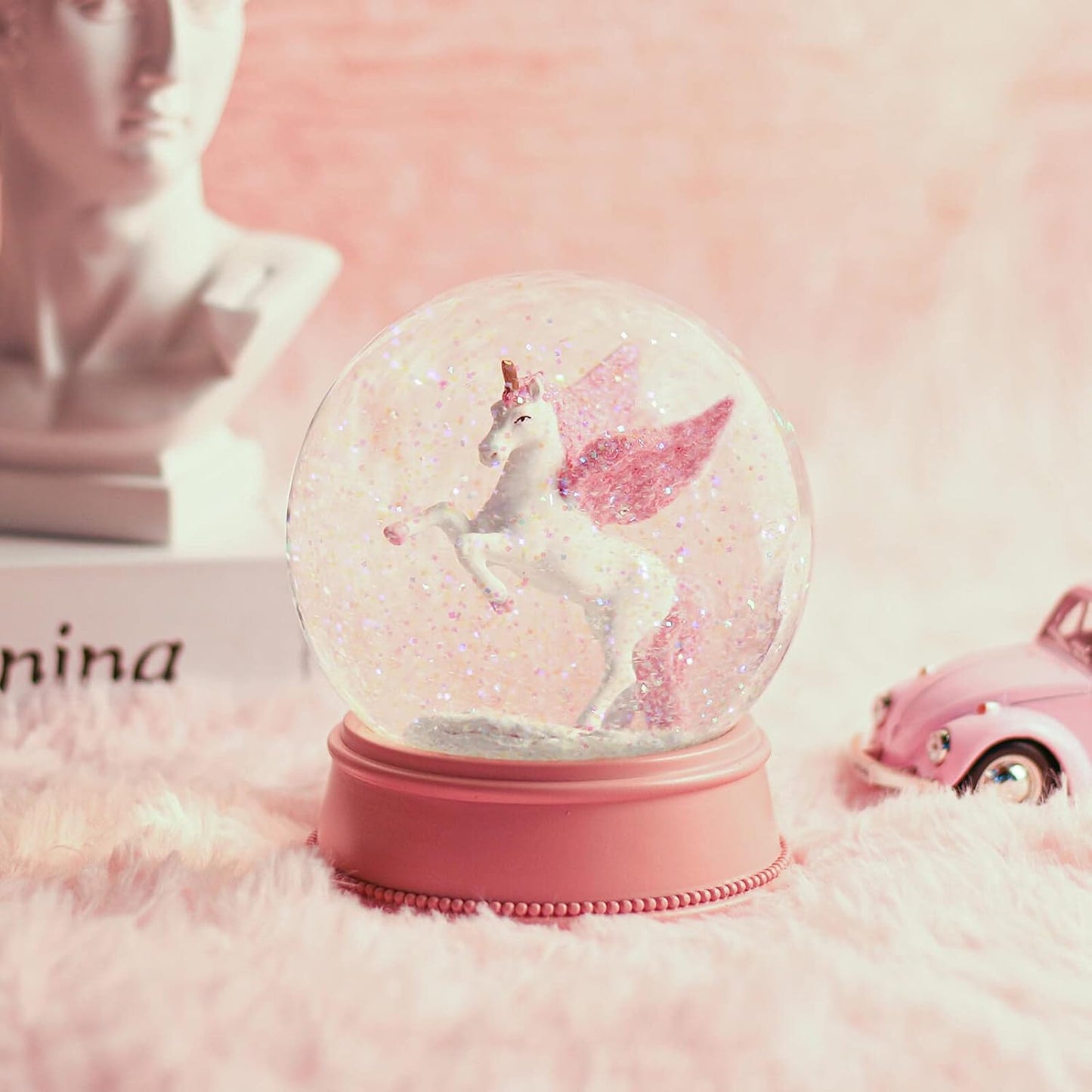 Unicorn Snow Globes for Girls, 100MM Pink Glitter Glass Snowglobe, Christmas Birthday Gifts for Friends, Wife(Pink)