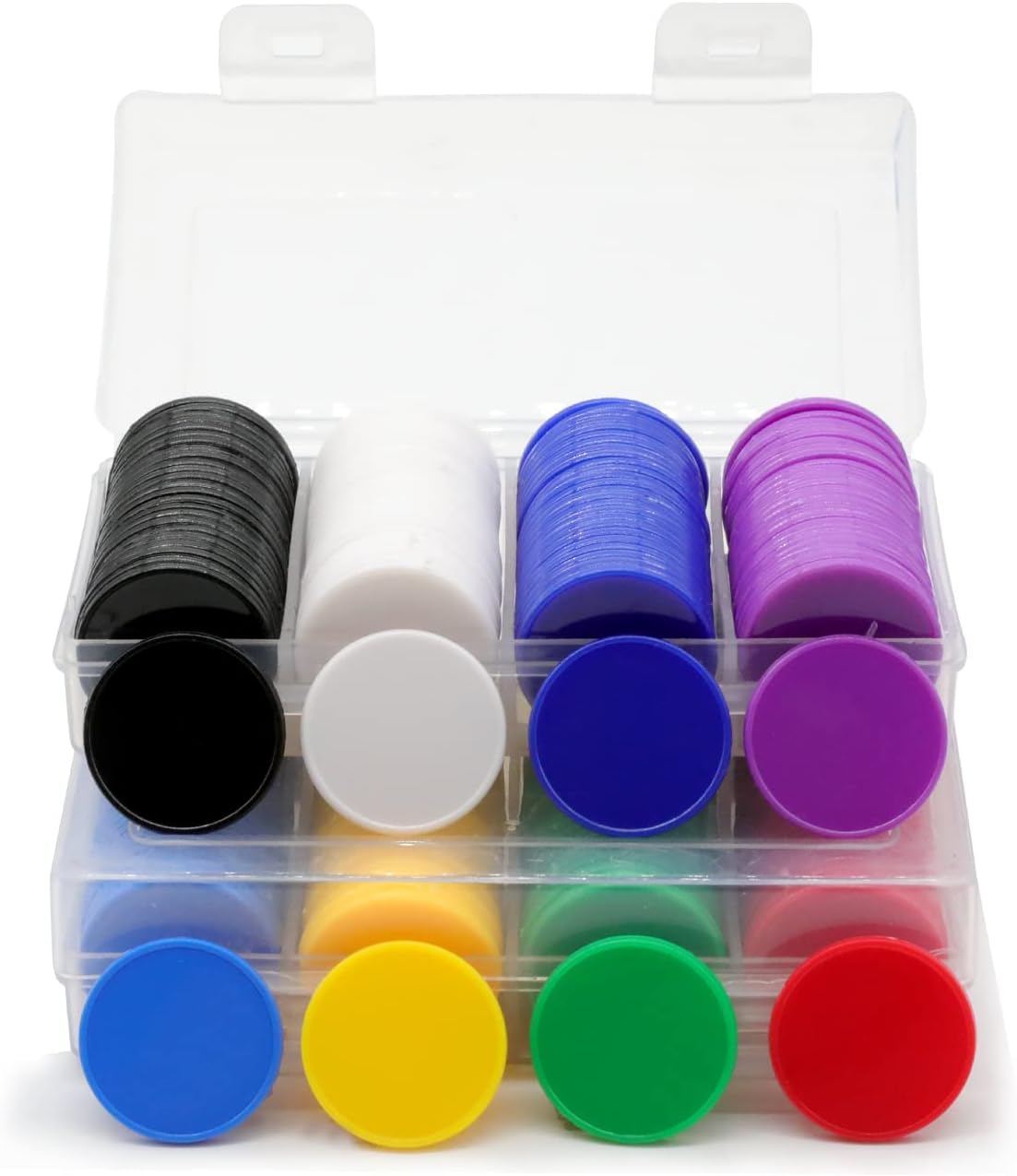 Set of 100 Opaque Plastic Learning Counters Mini Poker Chips Game Tokens with Storage Box (Black+White+Blue+Purple, 1 Inch)