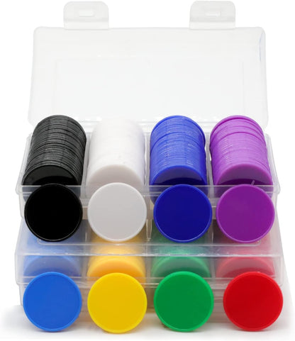 Set of 100 Opaque Plastic Learning Counters Mini Poker Chips Game Tokens with Storage Box (Black+White+Blue+Purple, 1 Inch)