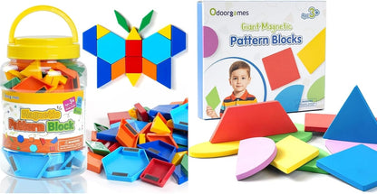 96 Pcs Magnetic Pattern Blocks & Large Shape Magnets Set – Tangram Puzzle, Geometric Shapes, Whiteboard Magnets, Math Manipulatives for Kids Learning