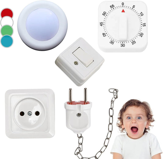 4 Pieses Busy Board DIY Accessories for Toddlers - Sensory Board Light Parts - Socket with Plug - Switch-LED Puck Light-Timer- Montessori l Toys- Early Development Items