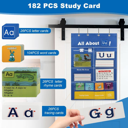 Alphabet Learning Pocket Chart Letter Recognition Tool Alphabet Wall Chart ABC Flash Cards Handwriting Practice Letter Tracing for Homeschool (Color:Bule)