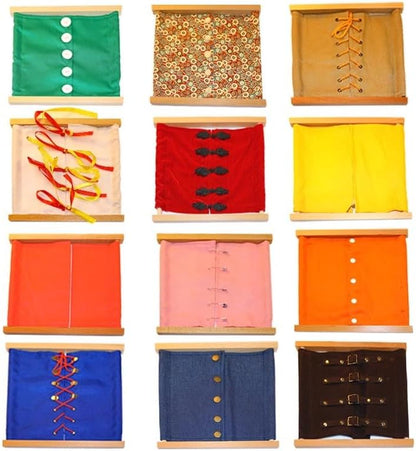 Montessori Learn to Dress Practice Boards,12 Kinds of Clothing + Clothing Frame,12 Kinds of Clothing + Clothing Frame,Zip, Snap, Button, Buckle, Lace and Tie