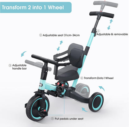newyoo Toddler Tricycle with Push Handle for 1-3 Year Old, Toddler Bike, Birthday Gift and Toy for Boys and Girls, 5 in 1 Kids Trike, Balance Bike with Backrest and Safety Belt, Khaki, TR007