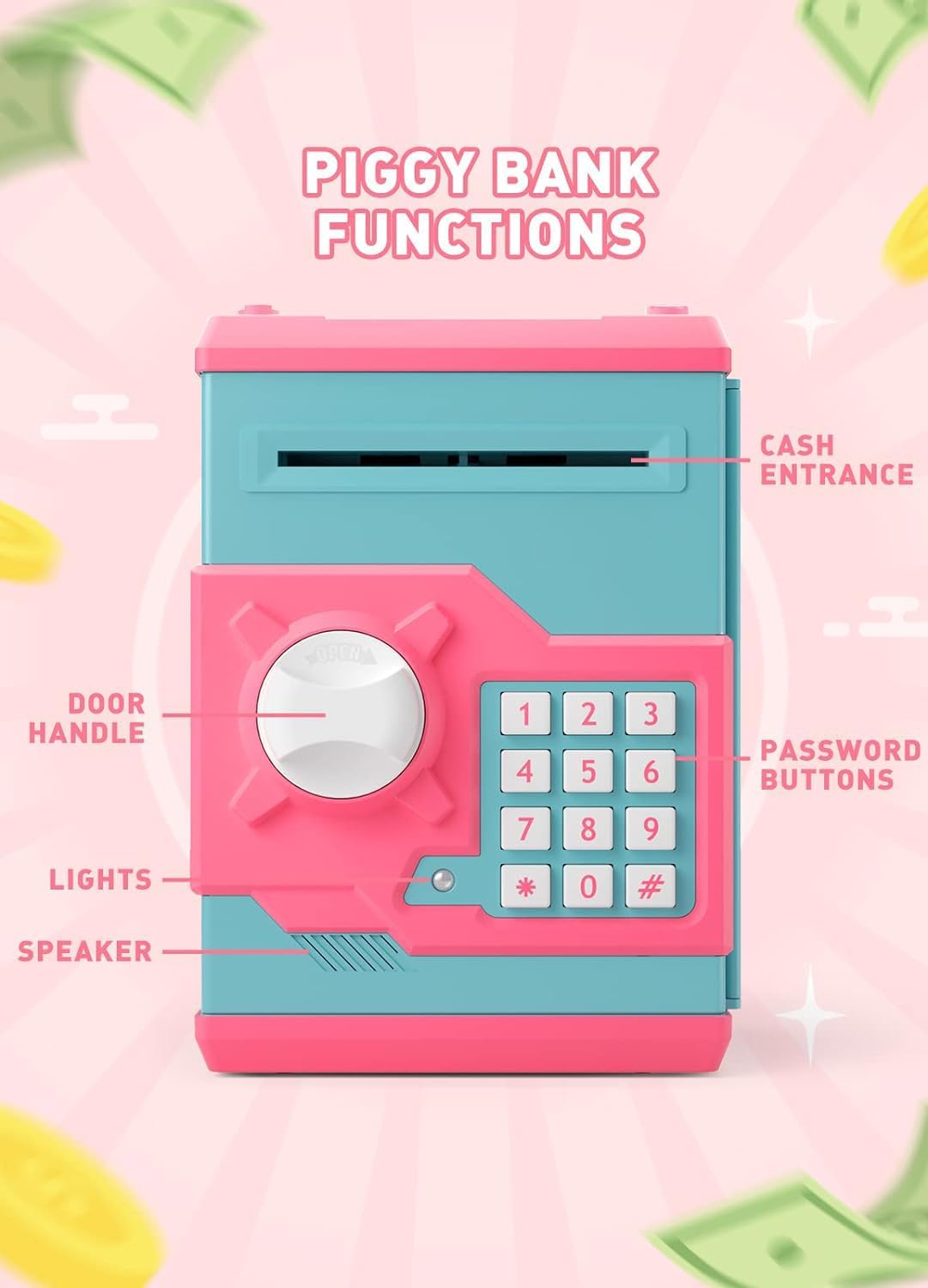 Playsheek Piggy Bank for Girls Boys Large Electronic Money Coin Banks with Password Protection, Automatic Paper Money Scroll Saving Box, Great Gift for Kids(Black-White)
