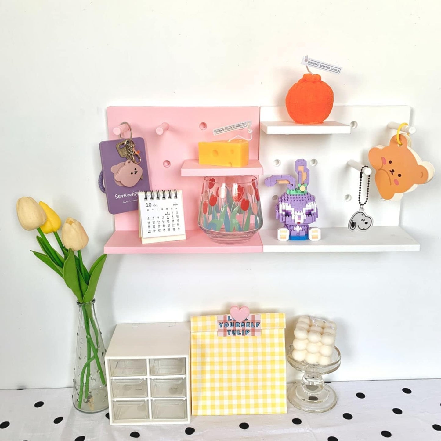 HGYZE Peg Boards for Wall with Shelf & Hooks, No Punching Craft Storage, Small Pegboard Ledges Organizer for Hanging Keychains, 4 Pack Decorative Wall Panel Kits for Blindboxes Lightweight Dolls, Pink