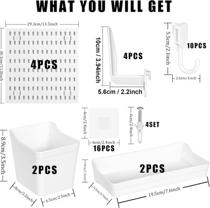 Dualshine Premium Pegboard Combination Kit, White Pegboard Wall Organizer with 4 Small Plastic Panels and 38 Accessories, Ideal for Craft Room, Bathroom, Nursery Storage, and Office (22"*22")
