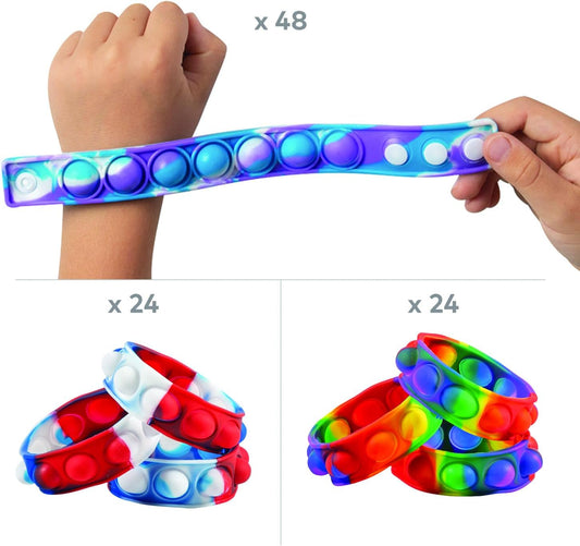 Fun Express Pop It Fidget Bracelet 96 Pack Bulk Party Favors for Kids - Silicone Popping Sensory Bracelets for Classroom Prizes, Goody Bag Stuffers, Birthday Goodie Bags & Student Rewards