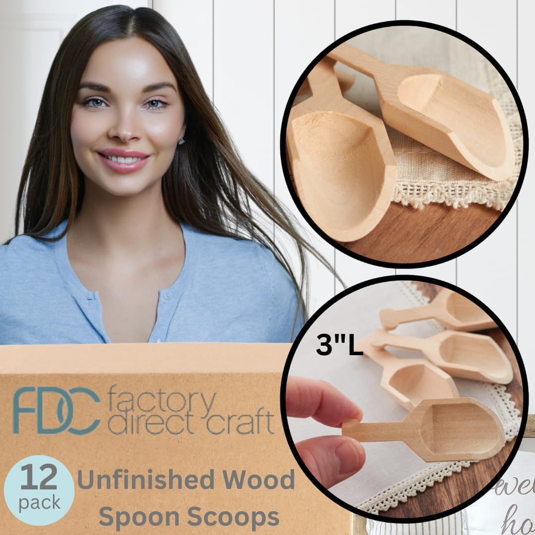 Unfinished Wood Spoon Scoops Set of 6 by Factory Direct Craft for Bath Salts, Sugar Scrubs, Spices or Educational Sensory Bins - 4-1/8 Inches Long