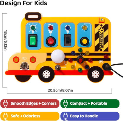 Montessori Board Sensory Toys for Children with LED Light switches, School Bus Shape，Baby fidgeting Board Travel Toys for More Than 18 Months, 18M+Boys and Girls Toddler Toys Gifts,Switch Toy