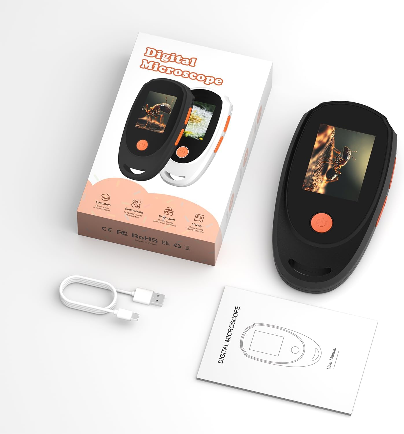 Handheld Digital Microscope with 2.0 Inch IPS Color Screen, Portable Magnifying Glass for Kids, 500x Magnification, 8 Adjustable 3-Level LED Lights, USB Compatible with PC Windows and Mac OS