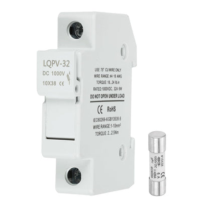 MECCANIXITY Din Rail Fuse Holder with 1 Core Block,10x38mm DC 1000V 20A Single Pole Solar/Photovoltaic Fuse Holder 4-18AWG for Solar PV Systems Battery Protect,Pack of 2