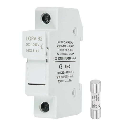 MECCANIXITY Din Rail Fuse Holder with 1 Core Block,10x38mm DC 1000V 20A Single Pole Solar/Photovoltaic Fuse Holder 4-18AWG for Solar PV Systems Battery Protect,Pack of 2