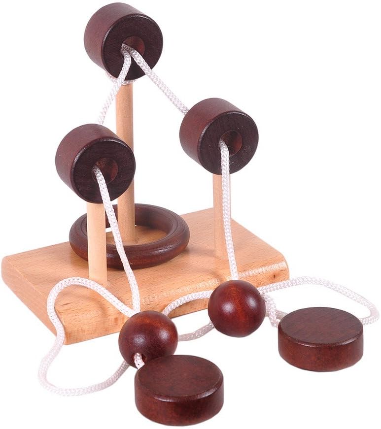 KINGOU 4 Pack Classic Wooden Rope Puzzle Set Ring Puzzles String Solution Central Brain Teaser for Adults/Kids Game