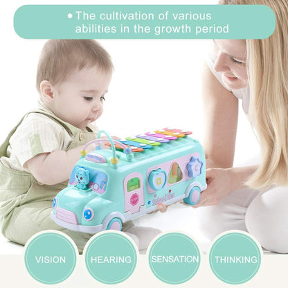 5-in-1 Baby School Bus Xylophone Toys for 1 Year Old Girl Gifts, Educational Baby Toy 6-12-18 Month, 1st Birthday Gril Gift, Toddlers Montessori Musical Baby Bus with Shape Sorter & Knock Hammer