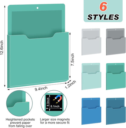 Fuutreo 6 Pcs Magnetic Wall File Organizer Magnetic Wall File Holder Refrigerator Magazine Holder for Mail Letters Paper(Aqua Green,Vertical-large)