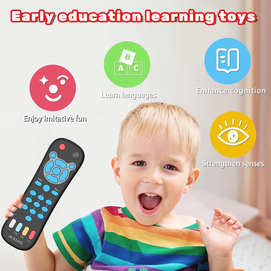 Baby Remote Control Toy, Realistic Toddler TV Remote Toy with Light Sound Kid Learning Education Musical Toys with English French Spanish Infant Gift for Boys Girls 6M+ (Black)