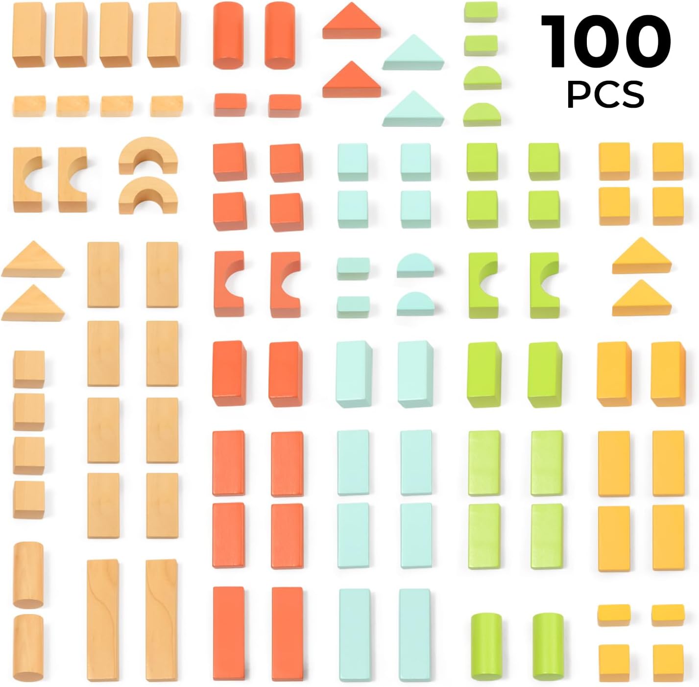 100pcs Natural Beech Wooden Building Blocks for Toddlers 1-3, Wooden Blocks for Baby Shower with Storage Bucket, Montessori Toys for Preschool Girls and Boys