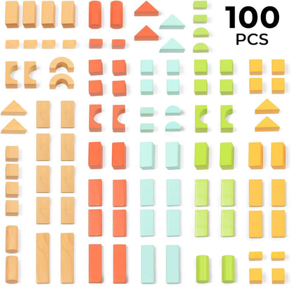 100pcs Natural Beech Wooden Building Blocks for Toddlers 1-3, Wooden Blocks for Baby Shower with Storage Bucket, Montessori Toys for Preschool Girls and Boys