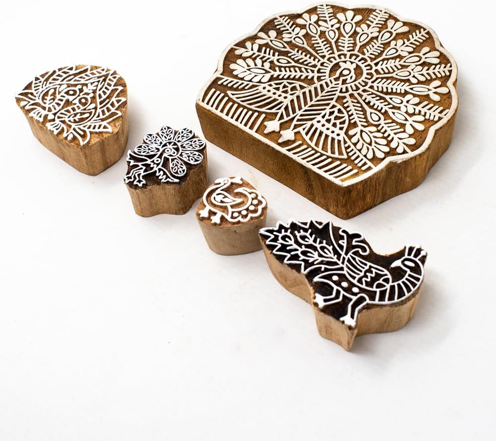 Peacock Design Wooden Printing Stamps for Card Making Scrapbooking Crafts Clay and Pottery (Set of 5) Hashcart®