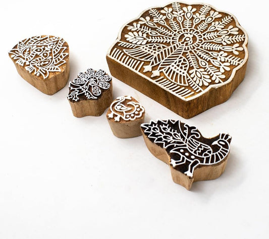 Peacock Design Wooden Printing Stamps for Card Making Scrapbooking Crafts Clay and Pottery (Set of 5) Hashcart®