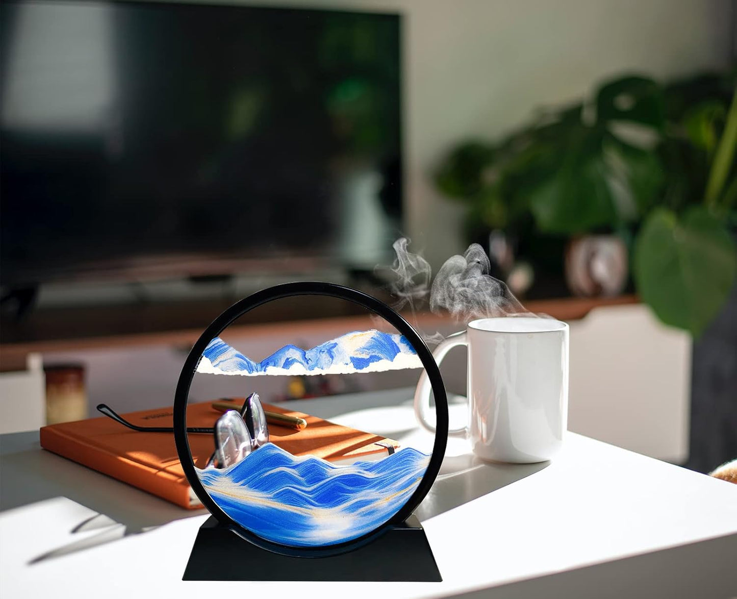 SANDCLE Moving Sand Art Liquid Motion - Moving Sand Art Picture Decor 3D Deep Sea Sandscape, Round Glass Frame Display Flowing Sand Relaxing Toy for Desktop Home Office Work Decoration(Blue, 12")