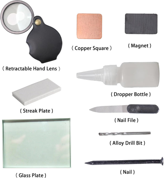 Mineral ID Kit - 9 Pieces - Includes Dropper Bottle, Streak Plate, Glass Plate, Magnet, Nail, Copper Sheet, Retractable Hand Lens, Nail File, Alloy Drill Bit for Geology Classrooms