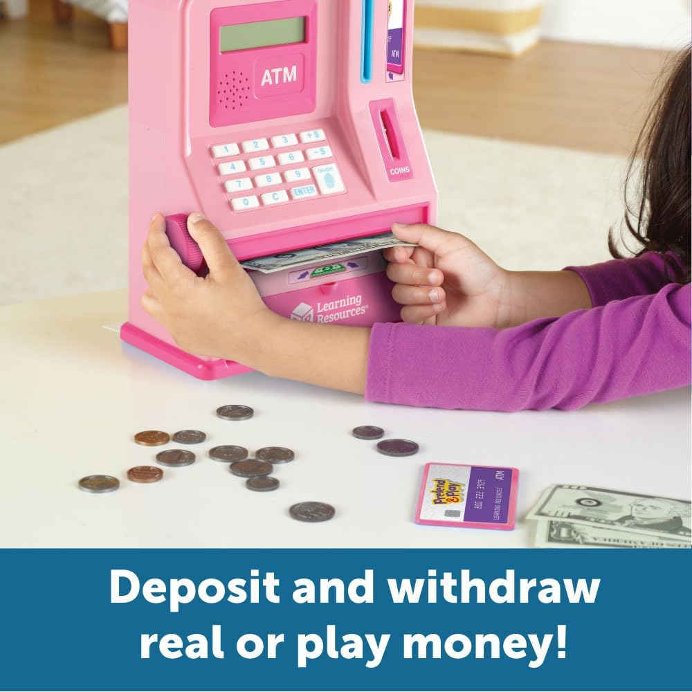 Learning Resources Pretend & Play Teaching ATM Bank, Pink - Play Money for Kids, Children's Banks, Electronic ATM Piggy Bank, Money Management for Kids, Coin Machine Toys