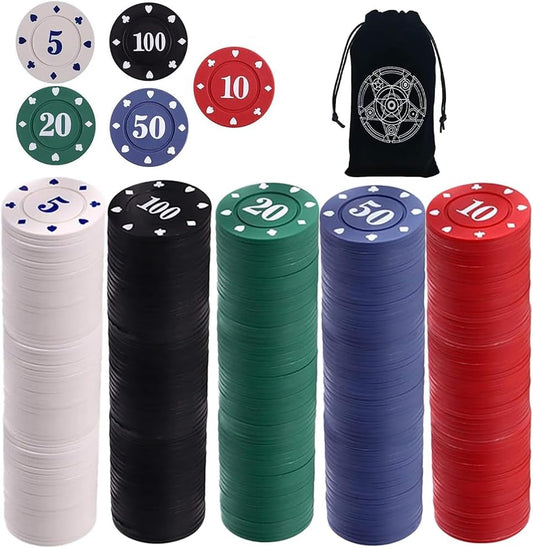 IXIGER 300Pcs Poker Chips, Plastic Casino Chips Set with Black Velvet Pouch Bag, Bulk Clay Fichas de Poker for Blackjack, Math Counting Chips, Texas Hold'em, Night Poker Games