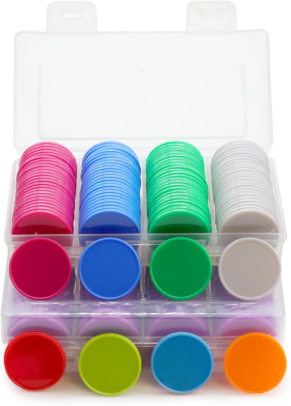 Set of 100 Opaque Plastic Learning Counters Mini Poker Chips Game Tokens with Storage Box (Black+White+Blue+Purple, 1 Inch)