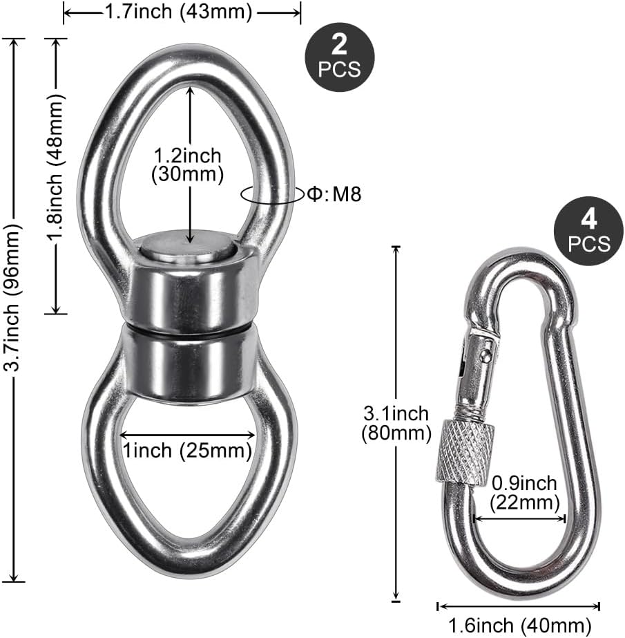 SELEWARE Silent Bearing Swing Swivel, 360° Rotational Device Hanging Accessory with Removeable Buckle for Tree Swing, Hammock Chair, Climbing Rope, Yoga, Kids Swing Swivel 1200LB Capacity, 2 Pack