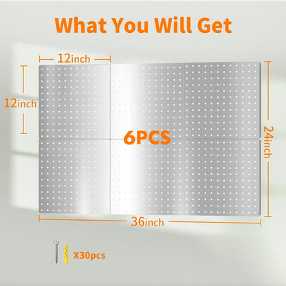 Peg Board, 4PCS Metal Pegboard Wall Organizer. Heavy Duty Pegboard, Peg Boards, Pegboard for Walls, White Pegboard for Garage Craft Room Workbench Office Kitchen Tool Organization, 12"*12"