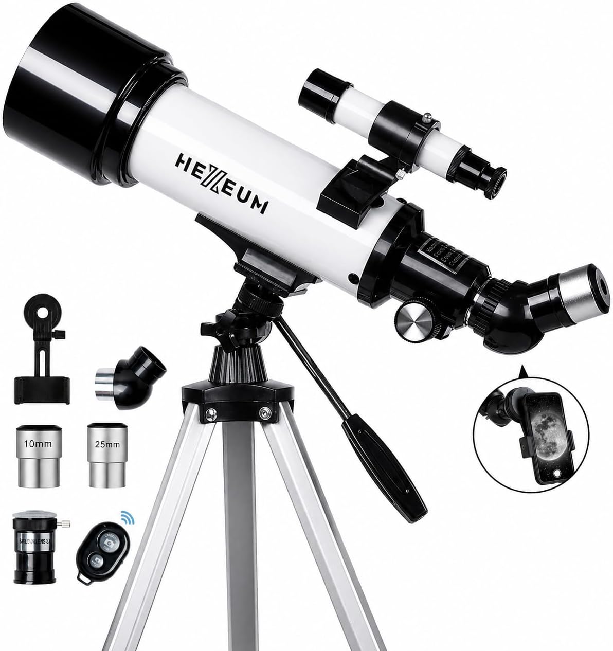 Koolpte Telescope 70mm Aperture 500mm - for Kids & Adults Astronomical Refracting Telescopes AZ Mount Fully Multi-Coated Optics, with Diagonal Mirror Phone Adapter, Carrying Bag, Wireless Remote Black