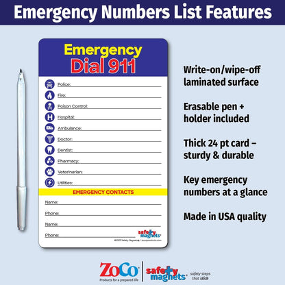 Safety Magnets by ZOCO – Emergency Numbers List with Marker – Write-On Refrigerator Magnet for Important Phone Numbers & Contacts – 5.25 x 8.5 inch