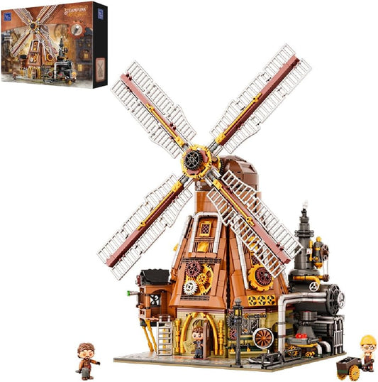 PANTASY Steampunk Windmill Workshop Building Set - Dutch Windmill Architecture with Mechanical Drive with Motorized Rotating Blades,Gear Details,and Openable Wall - Collectible Display Kit for Adults