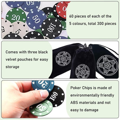 IXIGER 300Pcs Poker Chips, Plastic Casino Chips Set with Black Velvet Pouch Bag, Bulk Clay Fichas de Poker for Blackjack, Math Counting Chips, Texas Hold'em, Night Poker Games