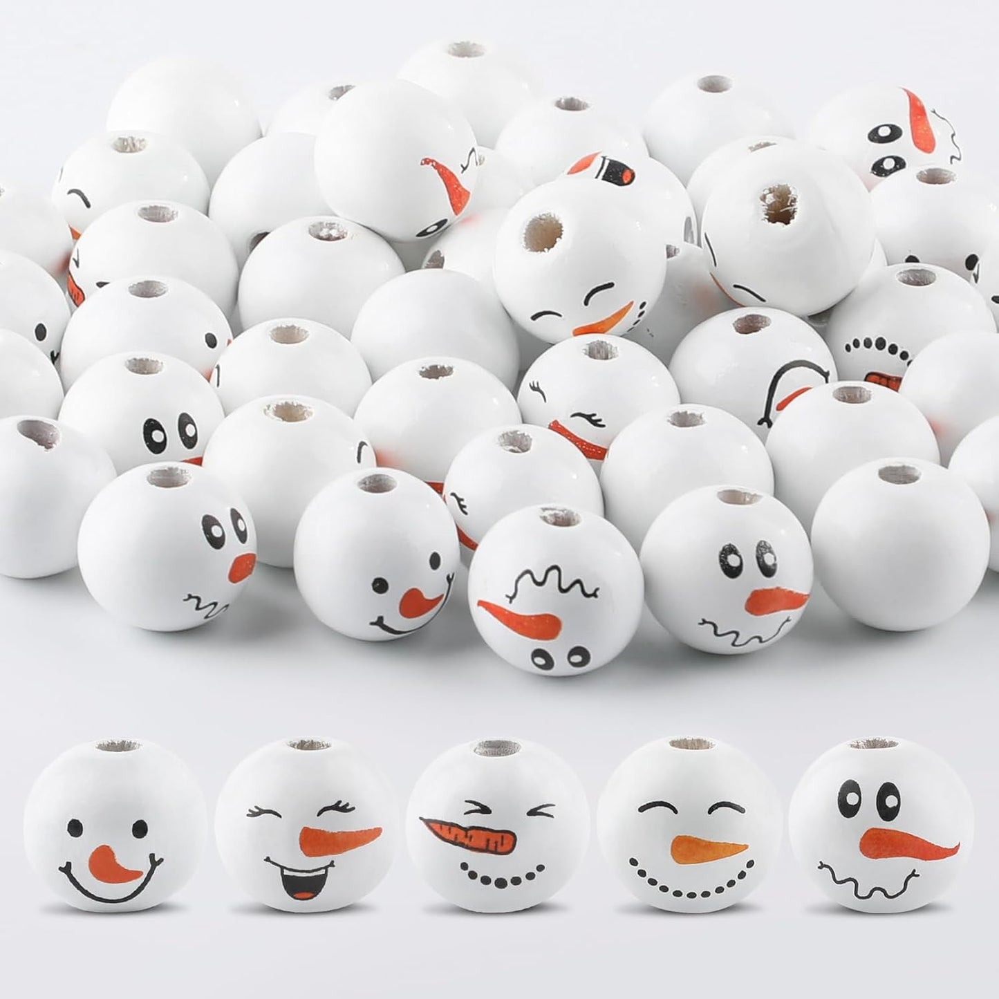50PCS Christmas Snowman Wooden Bead, 20mm Winter Craft Wood Round Beads Natural Wood Beads for Xmas Tree Hanging Decoration Winter Holiday Garland Making DIY Craft Supplies