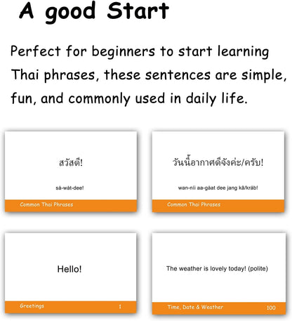 100 Essential Thai Phrases Flash Cards for Adults - Learn Thai Phrases for Beginners with Durable & Portable Flashcards- Thai Flashcards Simple Phrases