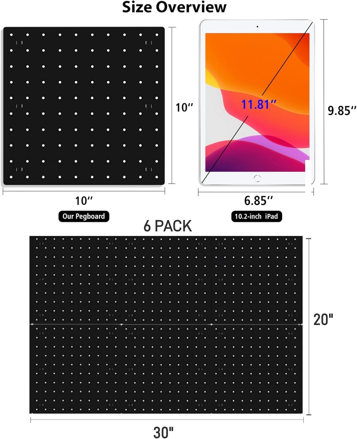 4Pcs Peg Board Panels, White ABS Pegboard Wall Mount, Easy Installation for Craft Room, Garage, Kitchen, Workshop