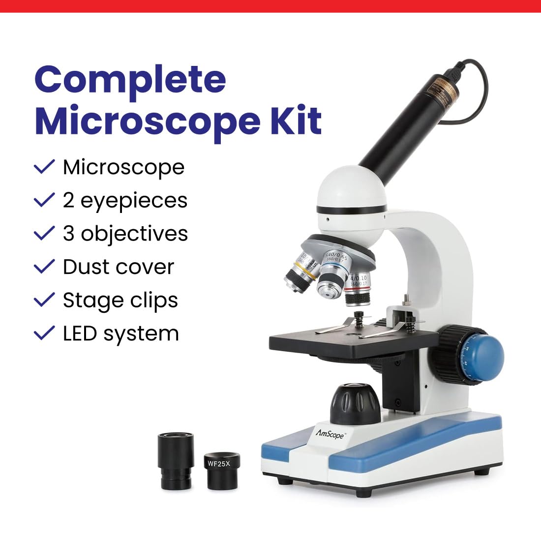 AmScope M150C / M150C-I 40X-1000X All-Metal Optical Glass Lenses Cordless LED Student Biological Compound Microscope