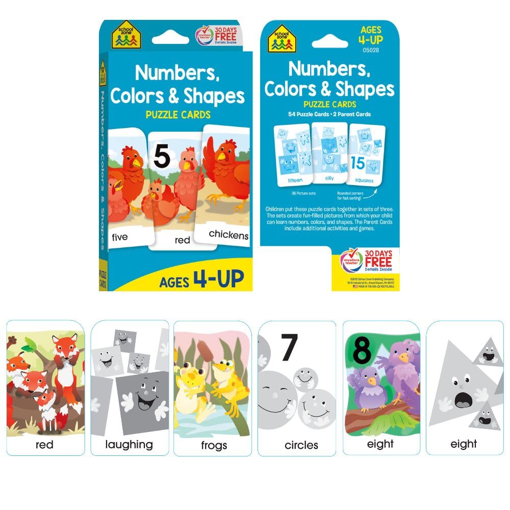 School Zone Preschool 4-Pack Flash Cards: 224 Cards, Pre-K, Colors, Shapes, Numbers 0-25, Old Maid Numbers, Kids Game Cards, Puzzle Cards, Counting, Rhyming Words, Readiness Skills, Ages 4+