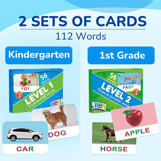BenBen Spelling Games, 224 Flashcards, 208 Wood Letter Tiles, 1-4 Players, Learning Games for Kids 4-8, Educational Toys for Kindergarten 1st 2nd Grade, Preschool Classroom Must Haves