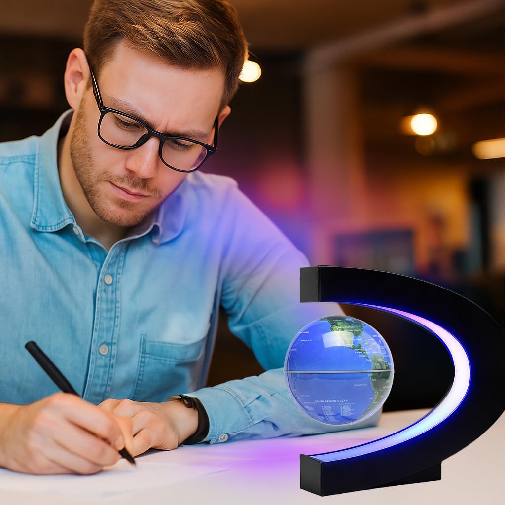 Magnetic Levitation Floating Rotating World Globe with LED Light - C Shape Anti Gravity Levitating Globe for Desk Office Decor, STEM Educational Map, Unique Tech Gift for Men Kids Boss, 3.5 Inches