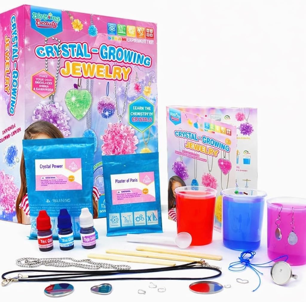 LIVEVIE Crystal Growing Jewelry Kit, Create 6 Jewelry Pieces for Kids - DIY Sparkling Pendants, Necklaces & Earrings Educational Science Kit for Hands-On Learning & Creativity