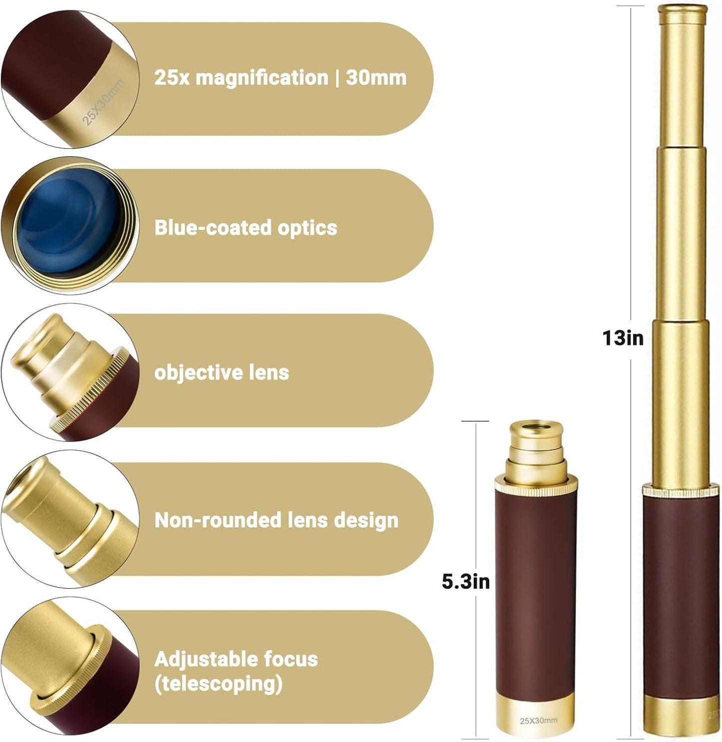 Retro Pirate Telescope Zoomable with Treasure Map 25x30 Spyglass Portable Collapsible Handheld Telescope Vintage Monocular for Kids & Survival Gear