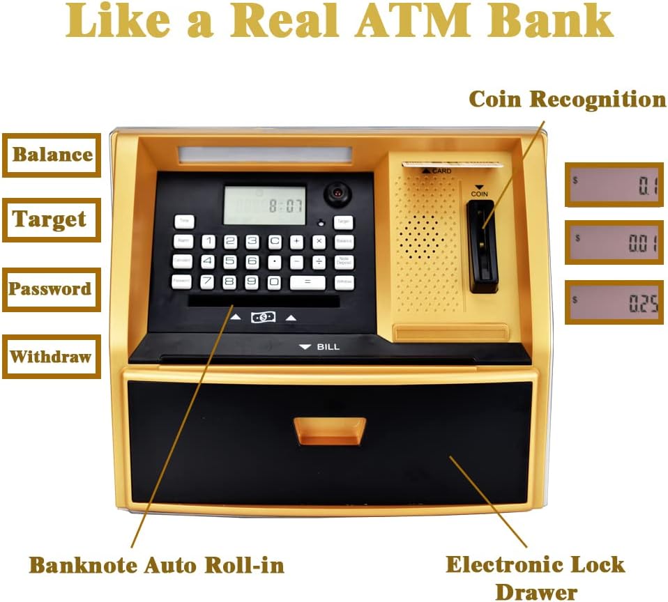 ATM Savings Bank with Debit Card, Electronic Piggy Bank for Real Money, Coin Recognition, Targets Setting, Password Login, Voice Prompt, Great Gift for Boys Girls (Golden/Black)