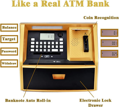 ATM Savings Bank with Debit Card, Electronic Piggy Bank for Real Money, Coin Recognition, Targets Setting, Password Login, Voice Prompt, Great Gift for Boys Girls (Golden/Black)