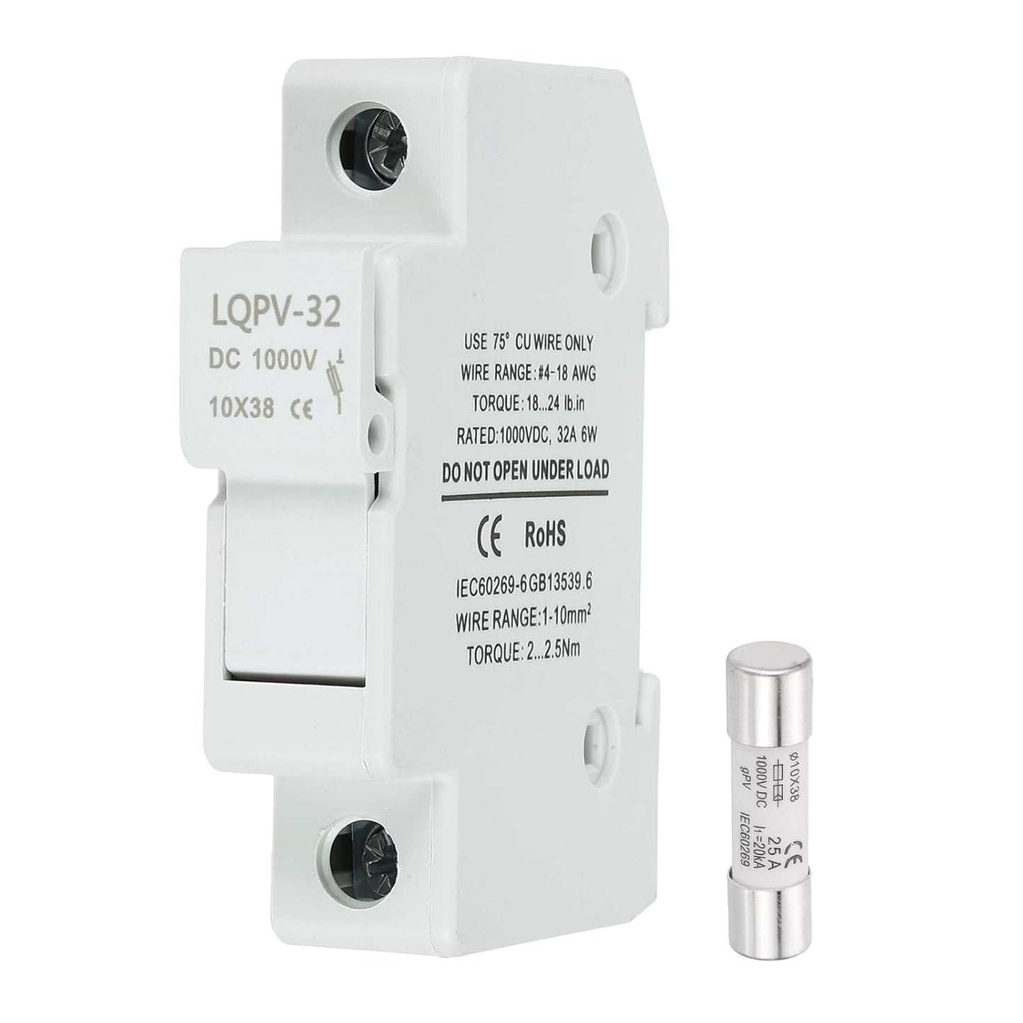 MECCANIXITY Din Rail Fuse Holder with 1 Core Block,10x38mm DC 1000V 20A Single Pole Solar/Photovoltaic Fuse Holder 4-18AWG for Solar PV Systems Battery Protect,Pack of 2