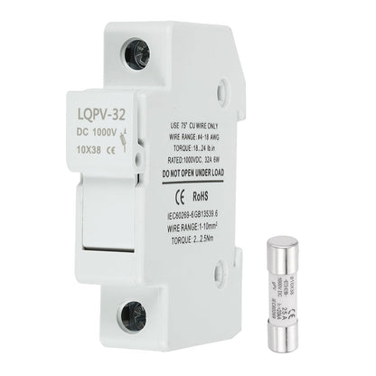 MECCANIXITY Din Rail Fuse Holder with 1 Core Block,10x38mm DC 1000V 20A Single Pole Solar/Photovoltaic Fuse Holder 4-18AWG for Solar PV Systems Battery Protect,Pack of 2